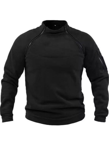 Black men's fleece sweatshirt with stand collar, two angled neckline zips and a zippered sleeve pocket, front product view. One sweatshirt only.