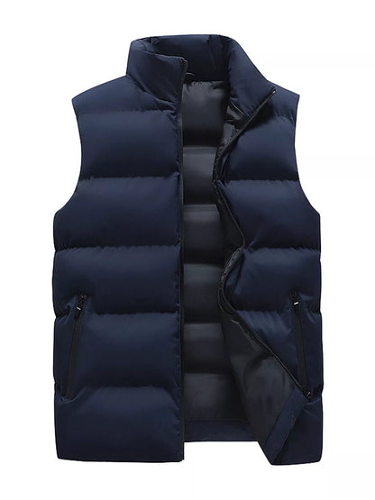 Blue men's lightweight zip-up puffer vest — front view