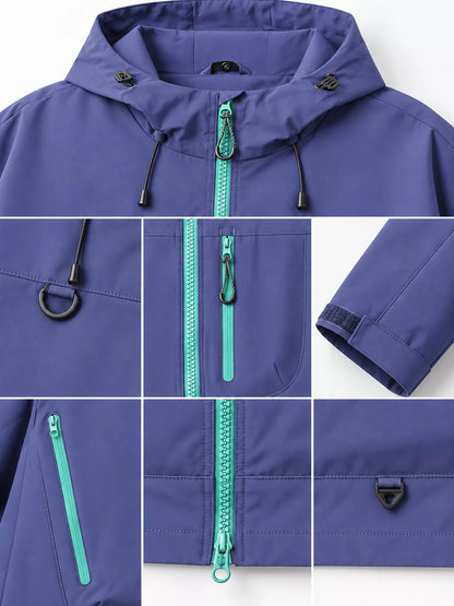 Purple men's hooded multi-pocket zip jacket — zipper, hood and cuff details