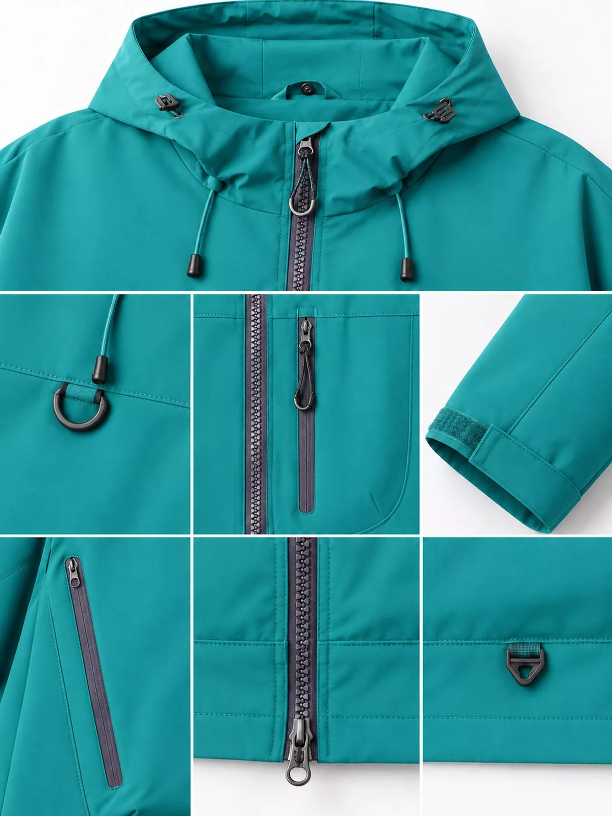 Green men's hooded multi-pocket zip jacket — zipper, hood and cuff details