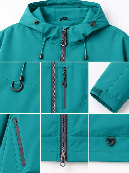 Green men's hooded multi-pocket zip jacket — zipper, hood and cuff details