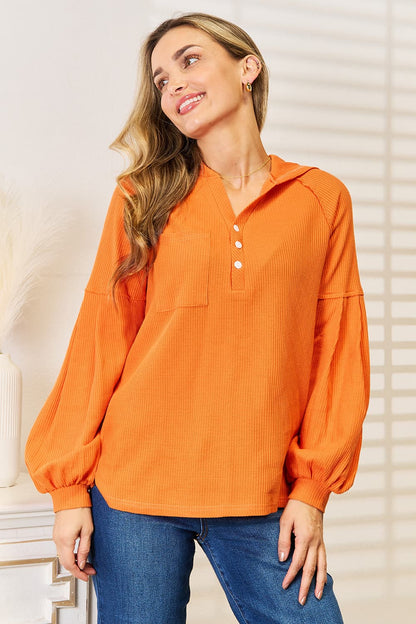 Basic Bae Orange waffle-knit hoodie, front view on a model