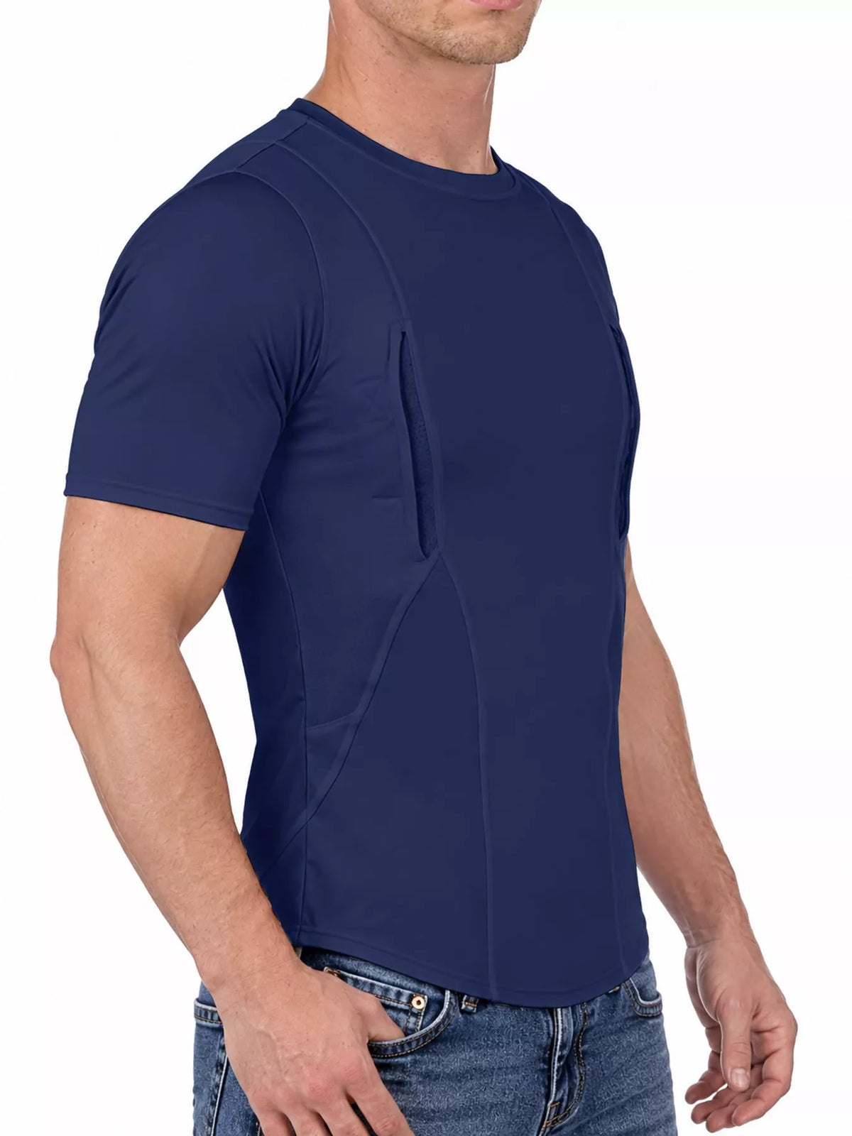Side view of the navy blue short-sleeve active T-shirt worn by a model.