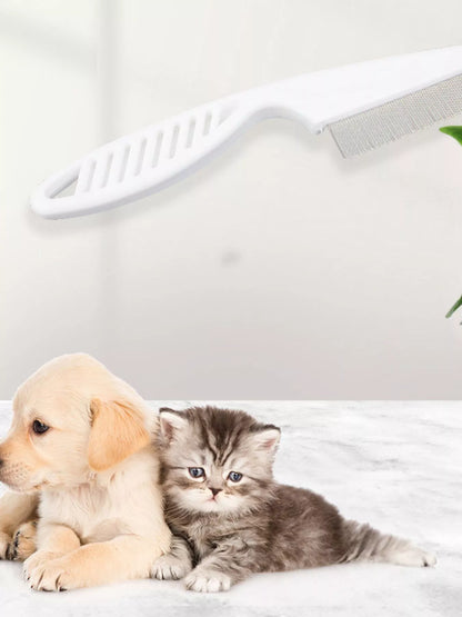White fine-tooth pet comb shown above a puppy and kitten.