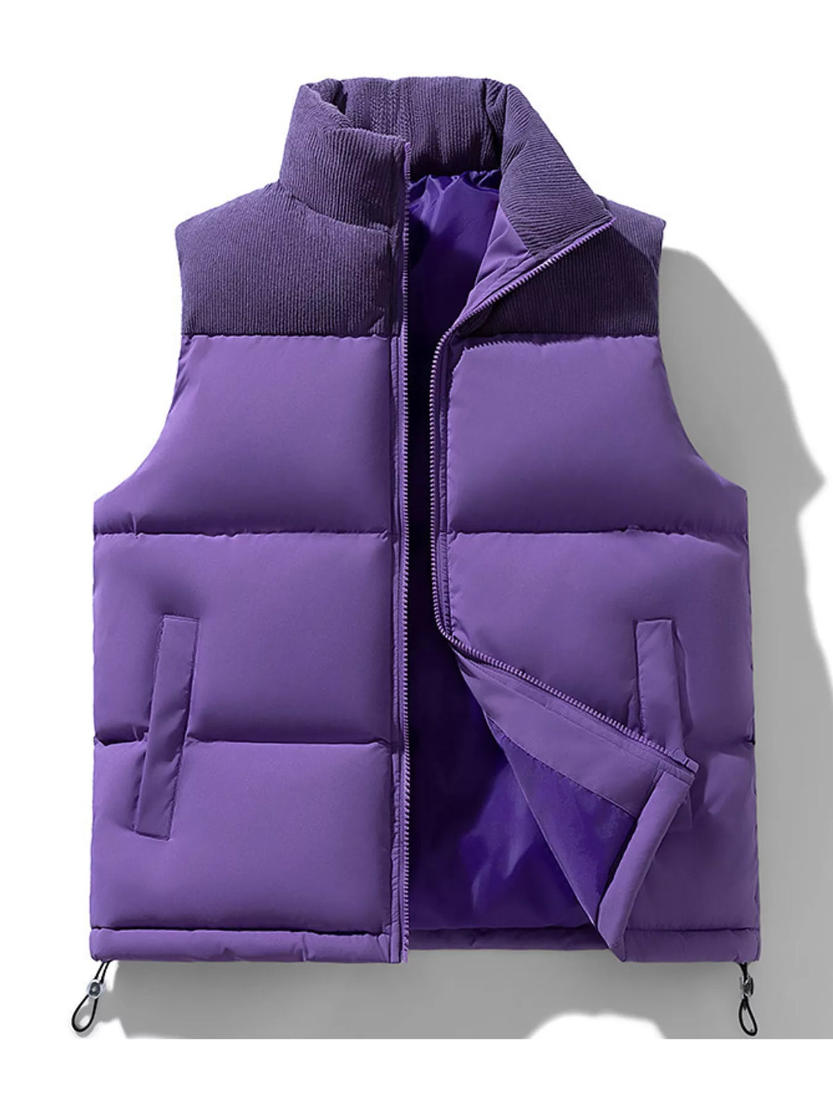 Purple men's corduroy-panel puffer vest, front view. One vest is sold.