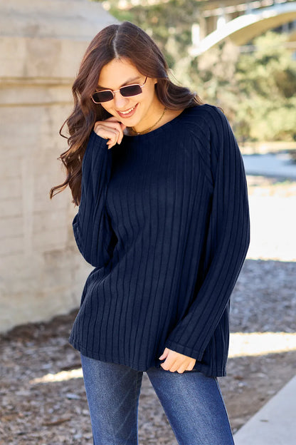 Basic Bae opaque ribbed long-sleeve knit top in Dark Blue, front view