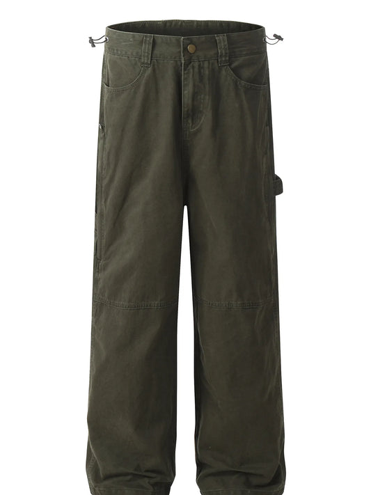 Army Green men's cargo wide-leg jeans, garment-only front view with front pockets and side cargo pockets.