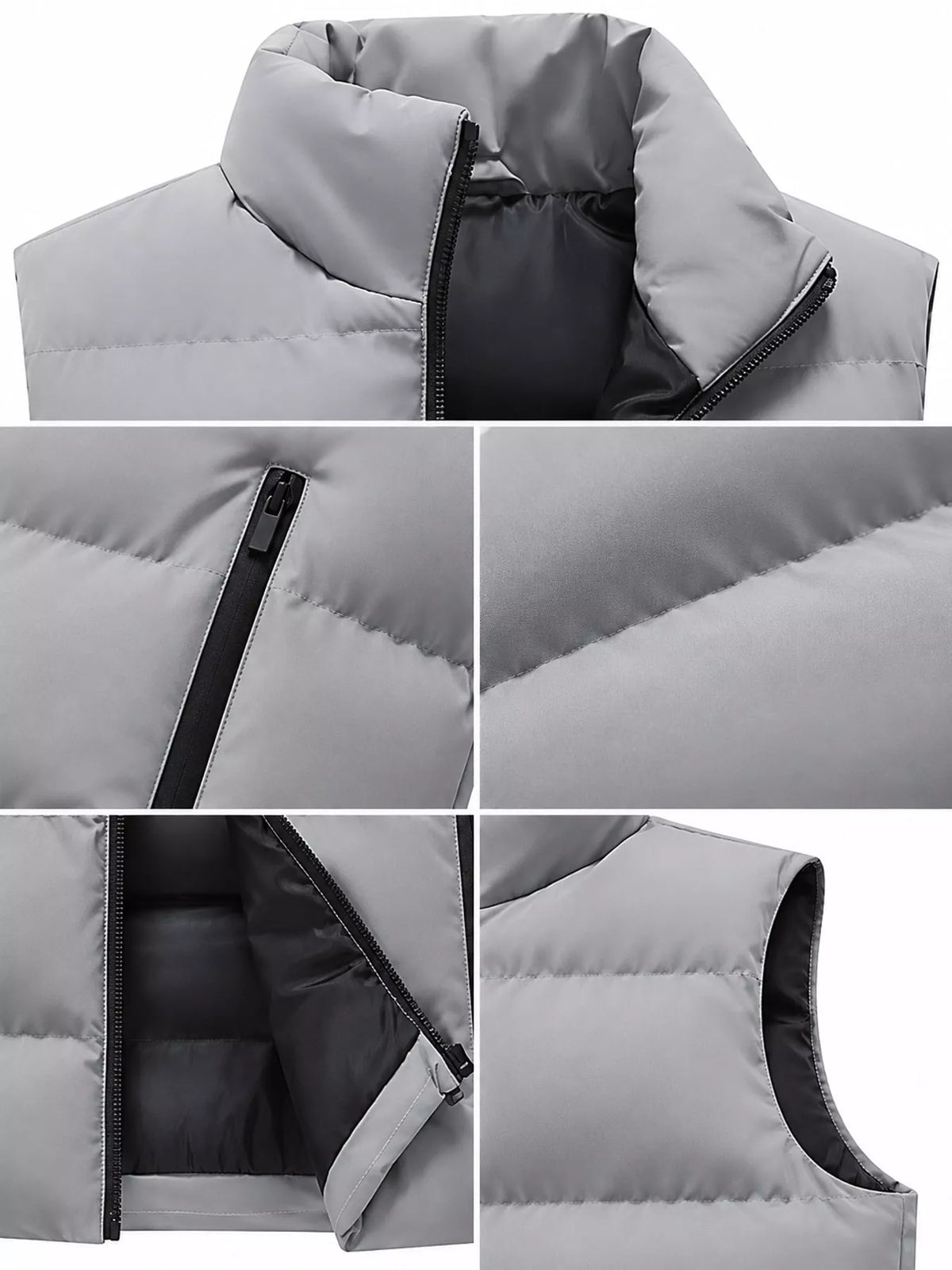Gray men's lightweight zip-up puffer vest — collar, zipper and quilting details