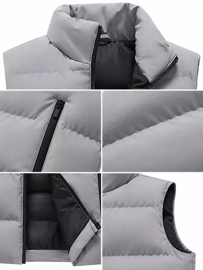 Gray men's lightweight zip-up puffer vest — collar, zipper and quilting details