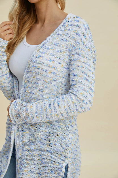 Multicolor Double Take openwork longline cardigan — neckline and knit detail