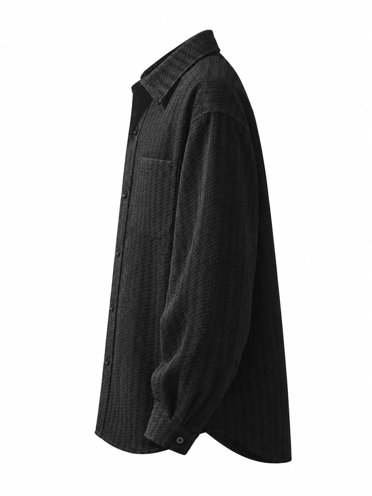 Side view of the Black men’s shacket with long sleeves and curved hem.