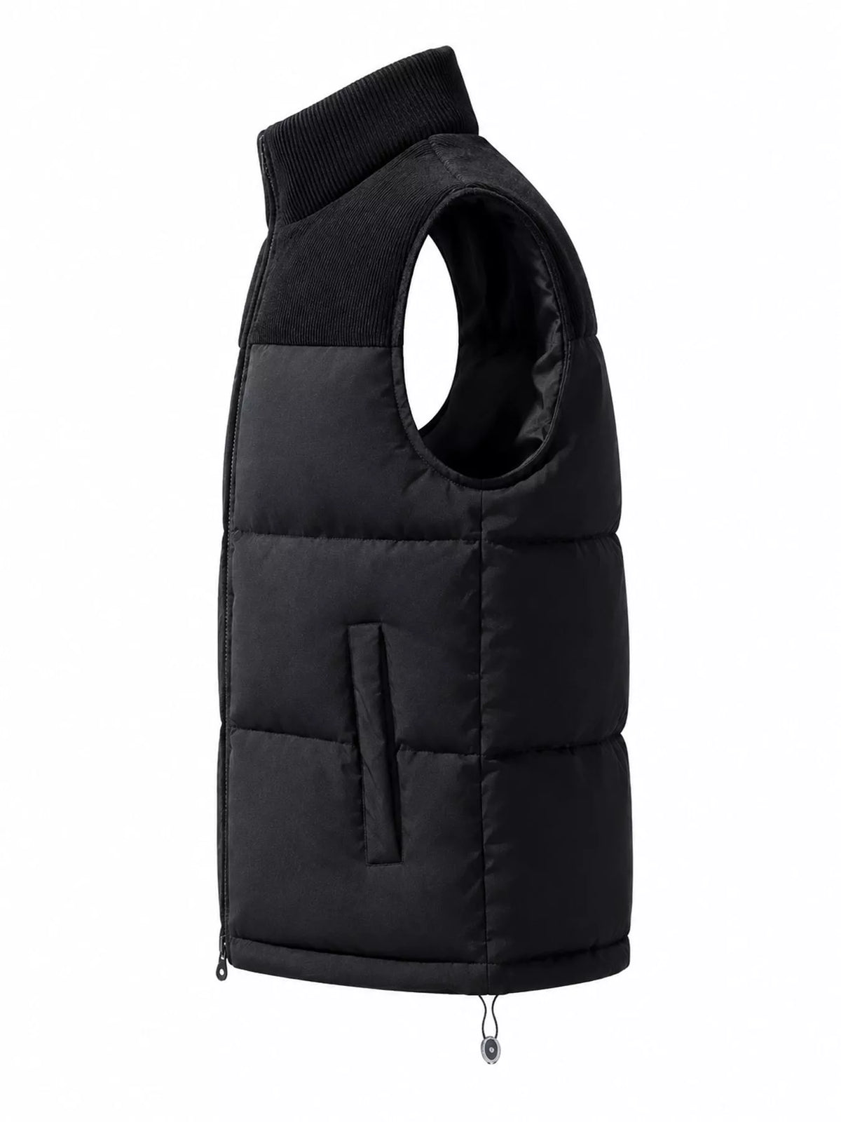 Black men's corduroy-panel puffer vest, side view. One vest is sold.