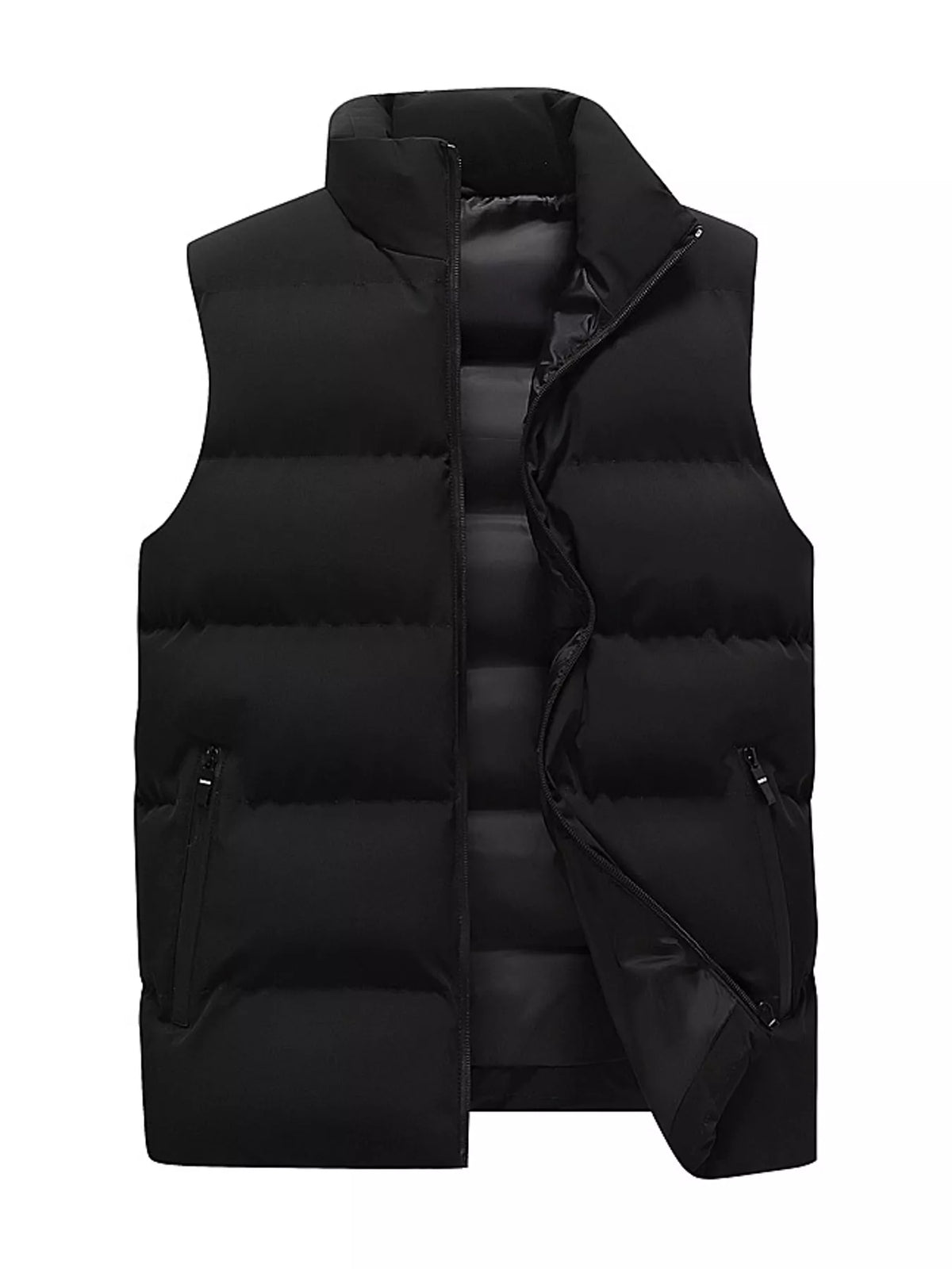 Black men's lightweight zip-up puffer vest — front view