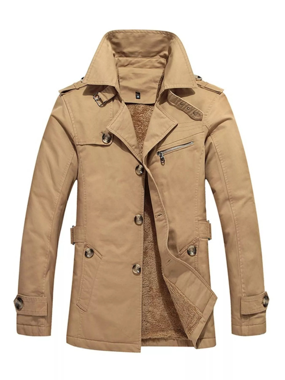 Yellow long-sleeve coat shown from the front, with a high collar, button front, pockets and a zippered chest detail.