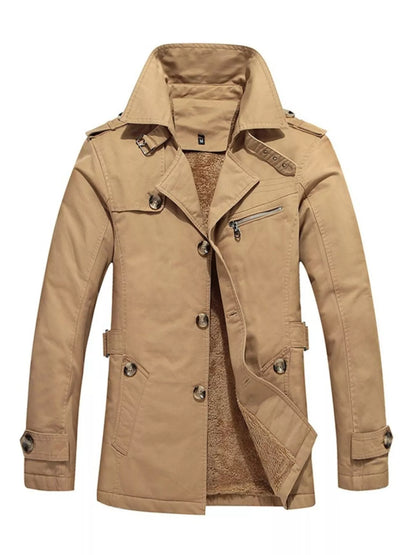Yellow long-sleeve coat shown from the front, with a high collar, button front, pockets and a zippered chest detail.