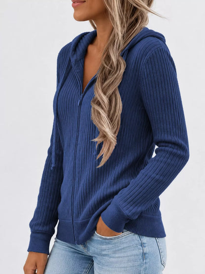 Front or angled view of the blue ribbed zip-front hooded cardigan with long sleeves.