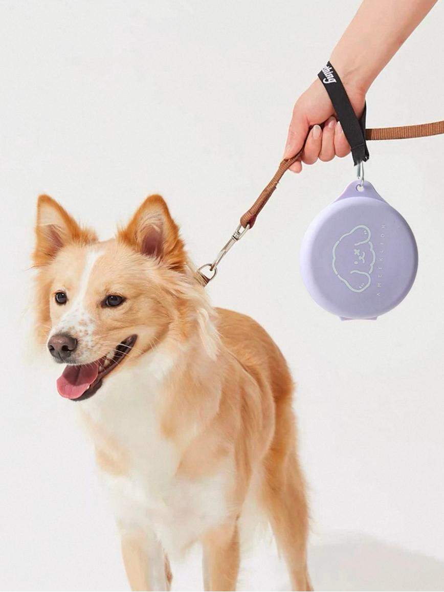 Purple foldable travel bowl carried beside a dog on a walk; dog and leash are illustration props.
