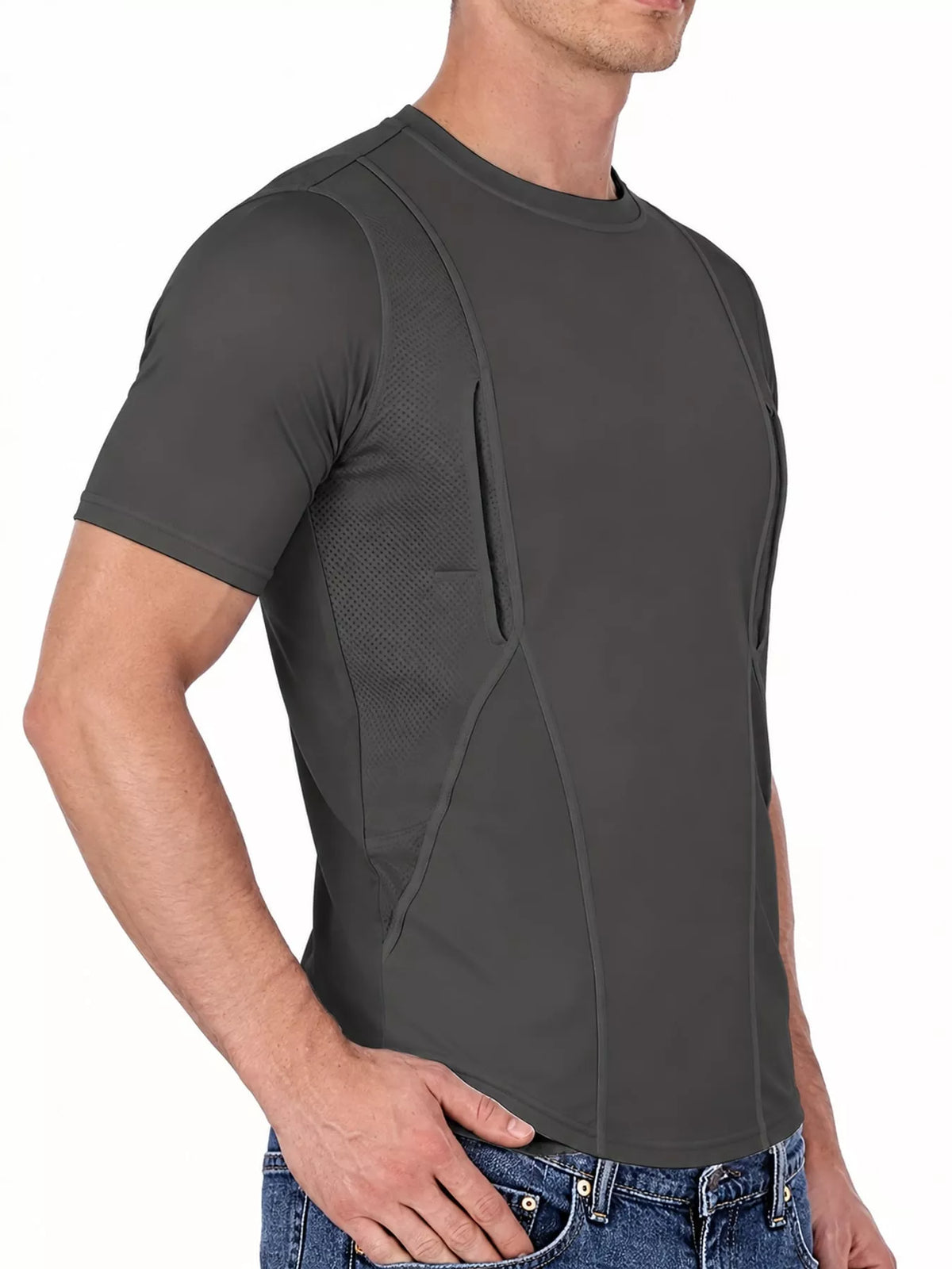 Side view of the dark gray short-sleeve active T-shirt worn by a model.