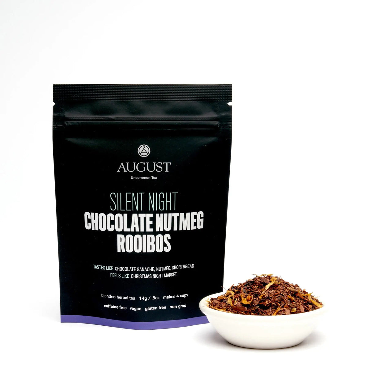 August Uncommon Tea Silent Night chocolate nutmeg rooibos four-cup sample pouch