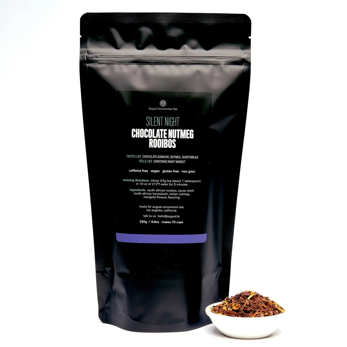 August Uncommon Tea Silent Night chocolate nutmeg rooibos 70-cup bag with loose blend