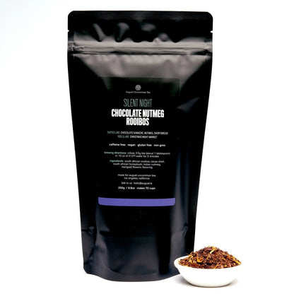 August Uncommon Tea Silent Night chocolate nutmeg rooibos 70-cup bag with loose blend