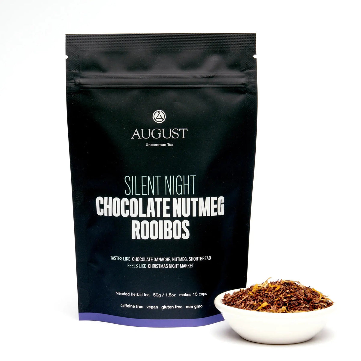 August Uncommon Tea Silent Night chocolate nutmeg rooibos 15-cup bag with loose blend