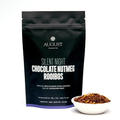 August Uncommon Tea Silent Night chocolate nutmeg rooibos 15-cup bag with loose blend