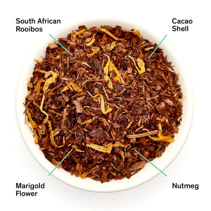 Silent Night rooibos blend with labeled rooibos, cacao shell, nutmeg and marigold flower