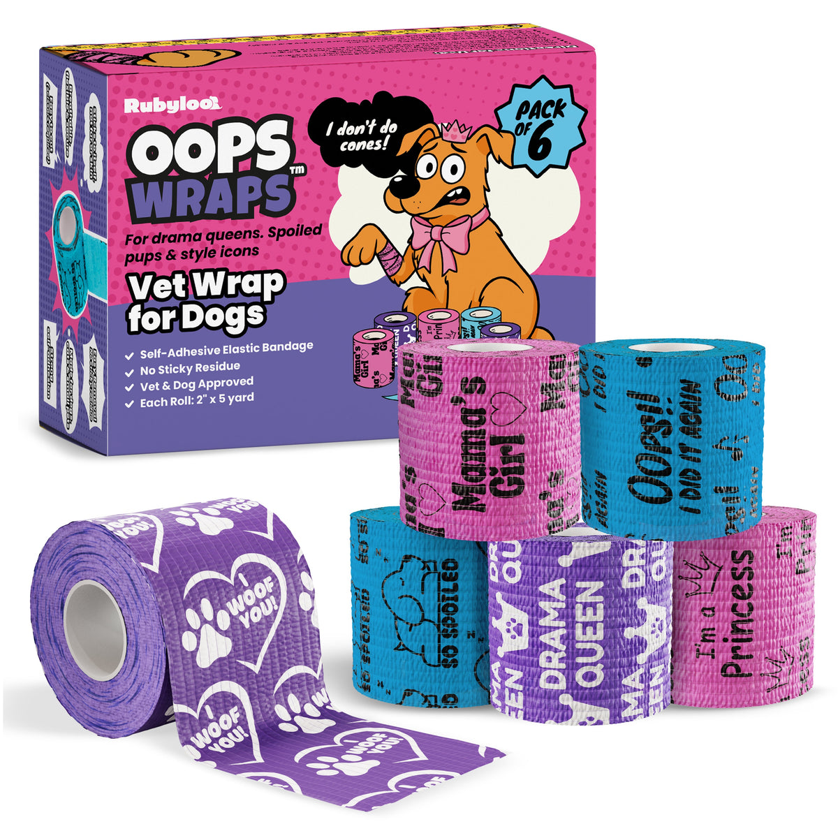 Rubyloo Oops Wraps Drama Queen six-roll pack with purple, pink and blue printed wraps