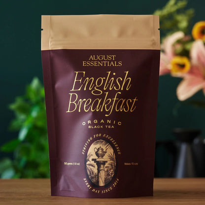 Front of August Essentials English Breakfast 15-cup black tea package