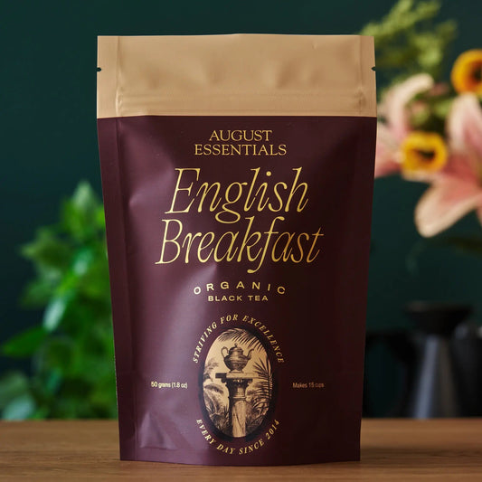 Front of August Essentials English Breakfast 15-cup black tea package