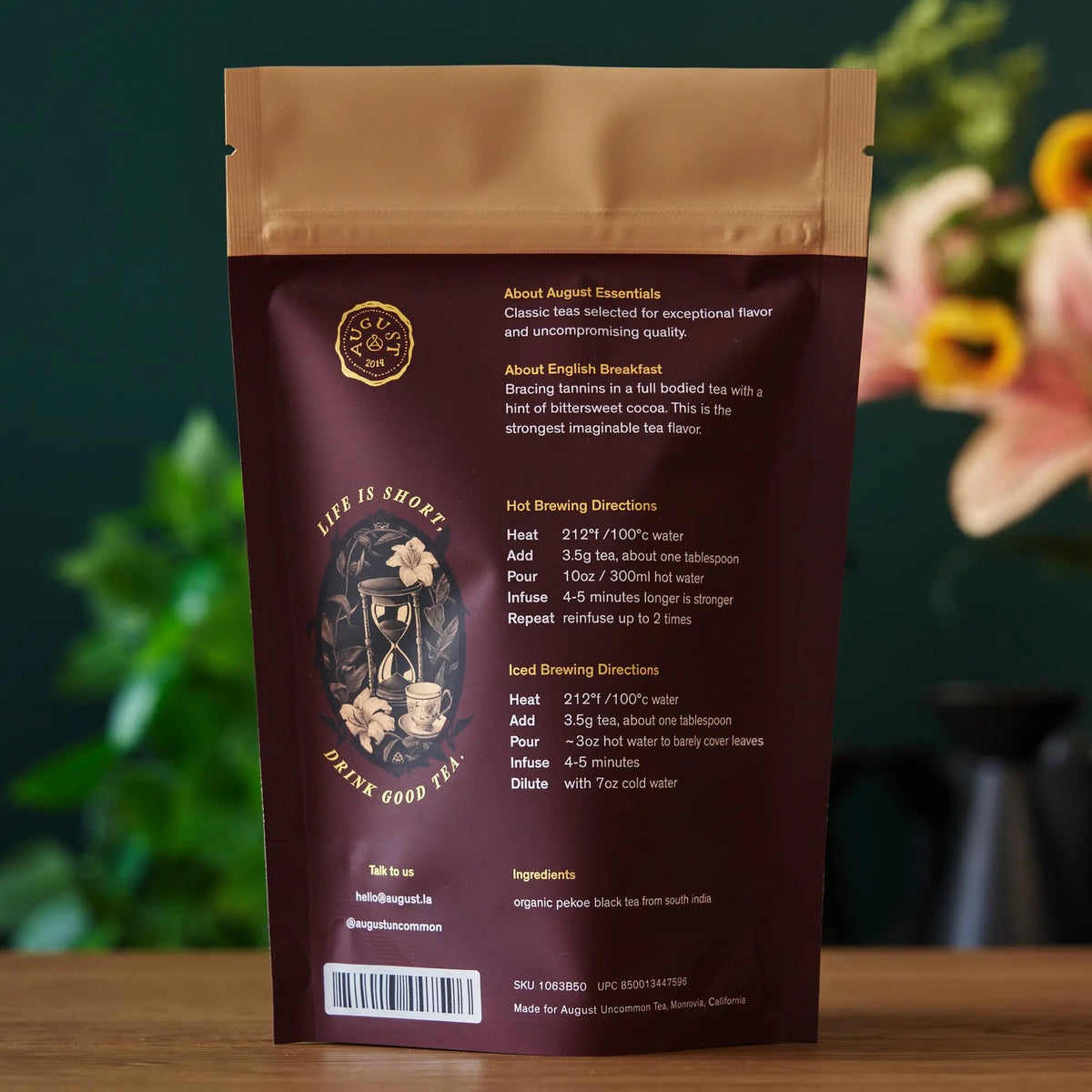Back of August Essentials English Breakfast 15-cup package with brewing directions and ingredients