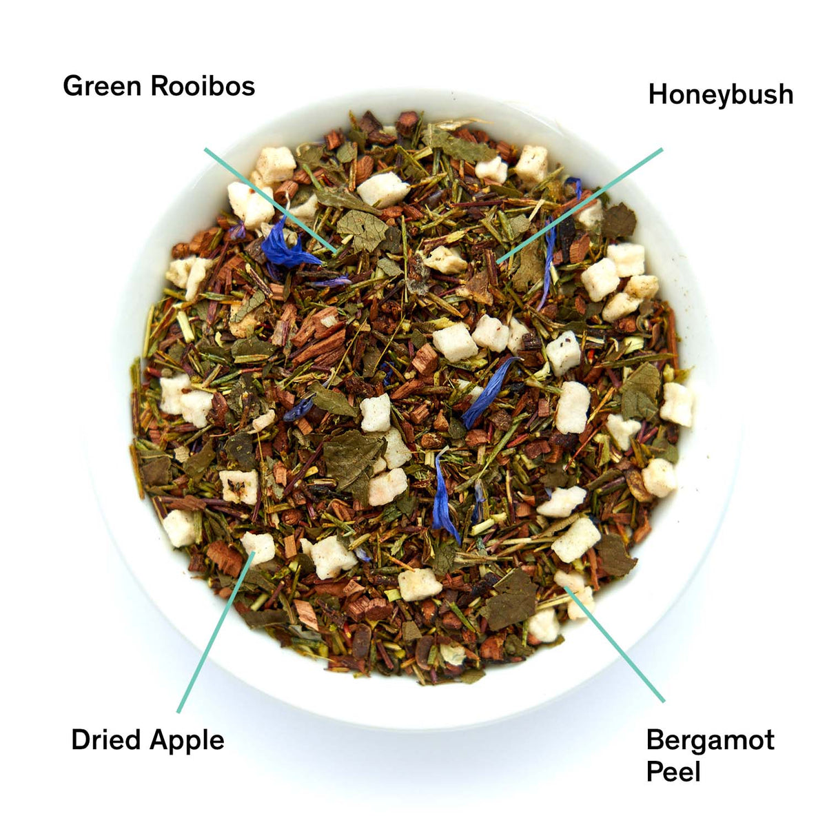 Annotated loose-leaf ingredients for The Orchard apple bergamot herbal tea
