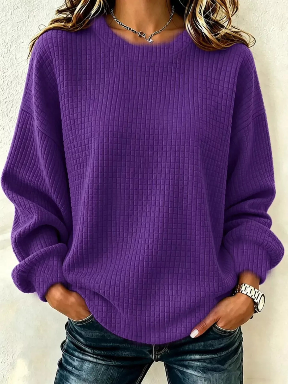 Front view of a Purple long-sleeve crew-neck waffle-knit sweatshirt. One top only.