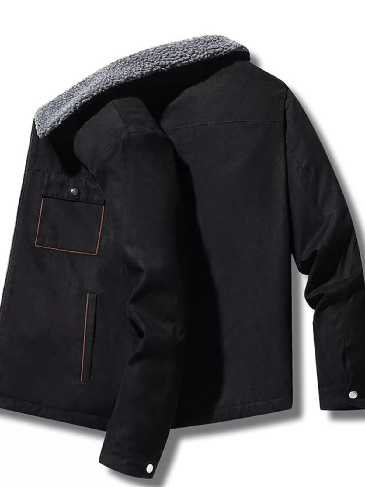 Angled view of the Black long-sleeve zip-up utility jacket.