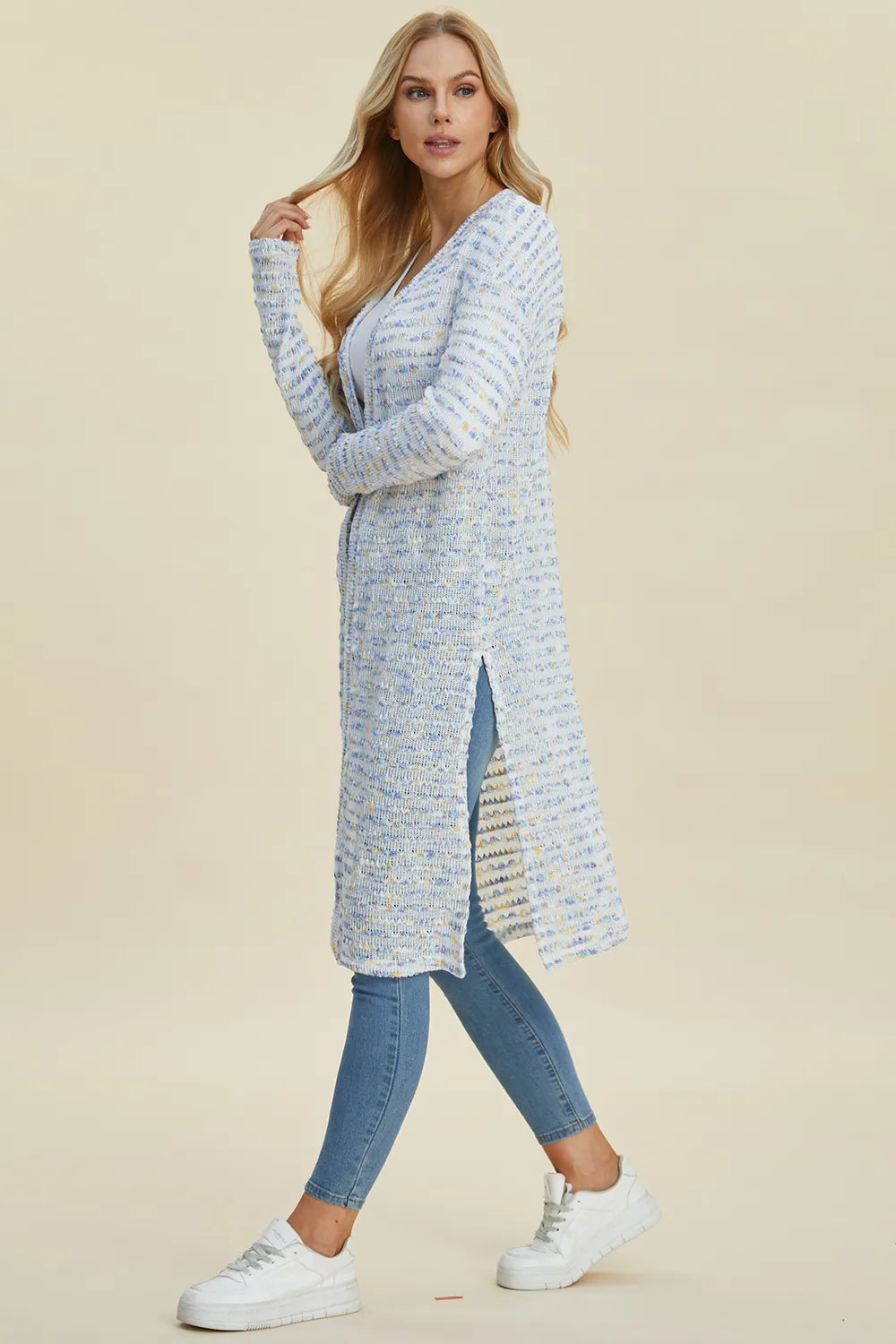 Multicolor Double Take openwork longline cardigan — side view