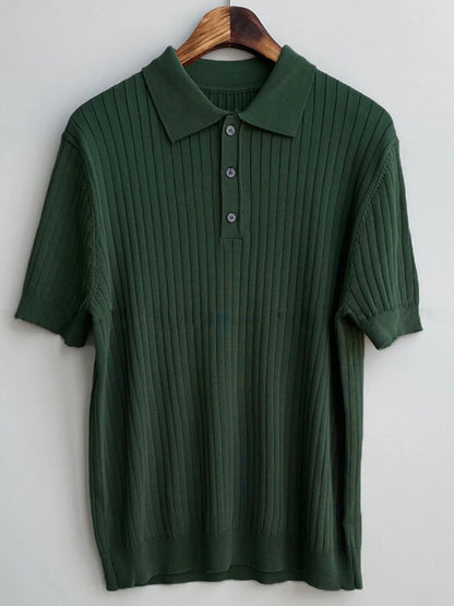 Men's Green ribbed knit polo on hanger, front view