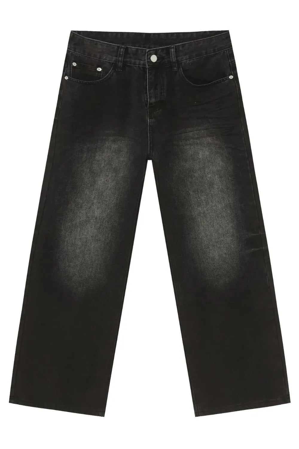 Flat lay of one pair of men's dark-wash loose-fit wide-leg jeans.