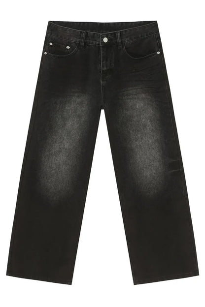 Flat lay of one pair of men's dark-wash loose-fit wide-leg jeans.