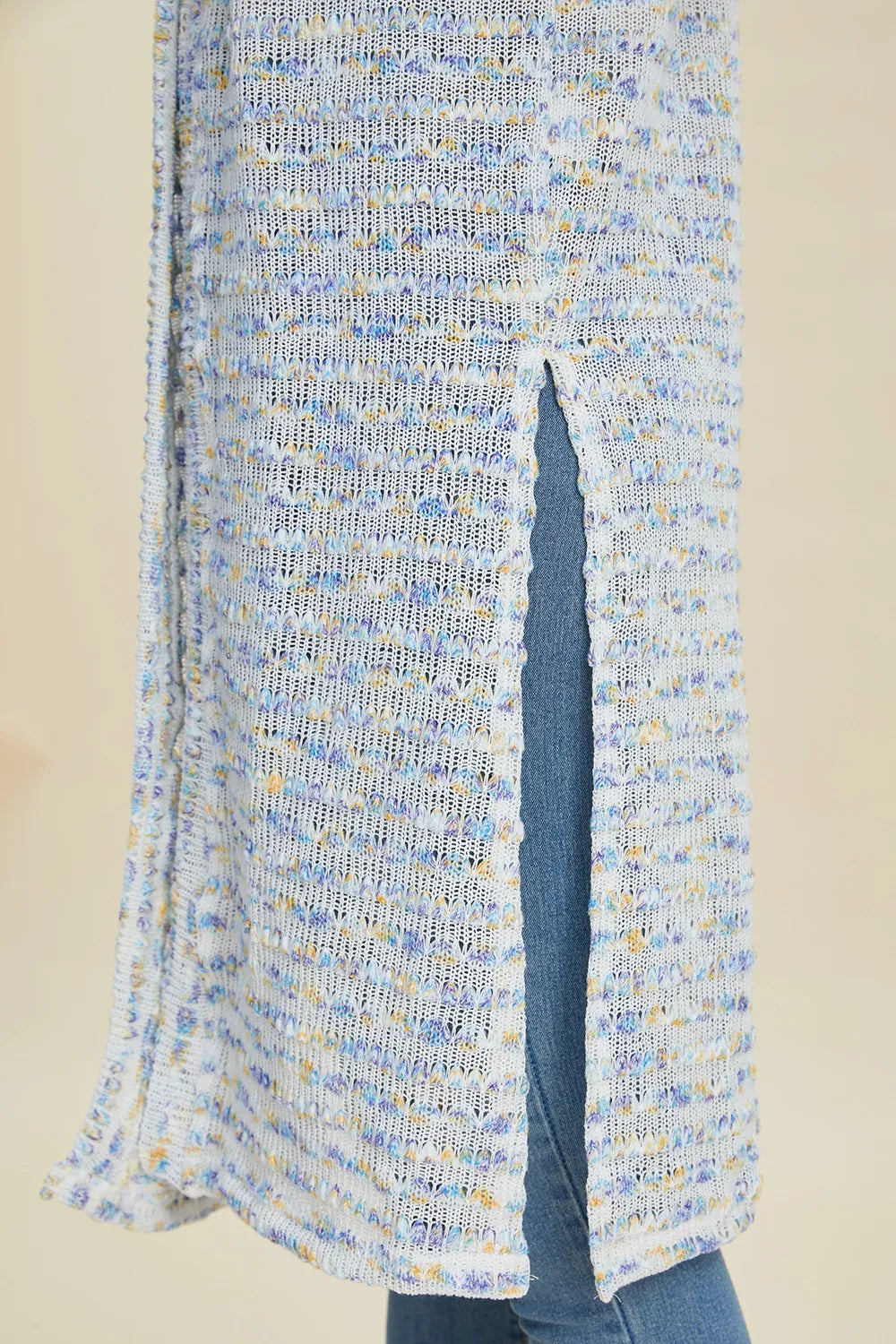 Multicolor Double Take openwork longline cardigan — side-slit detail