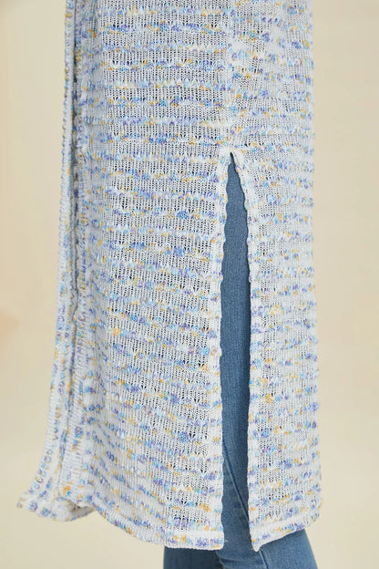 Multicolor Double Take openwork longline cardigan — side-slit detail