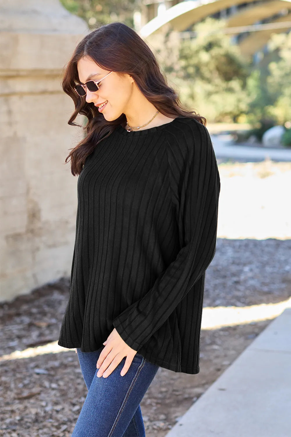 Basic Bae opaque ribbed long-sleeve knit top in Black, side view