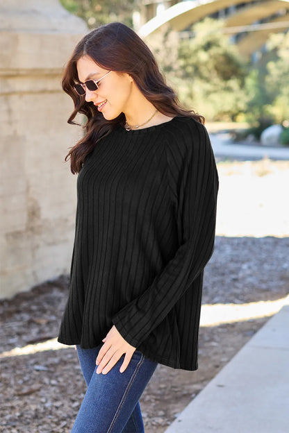Basic Bae opaque ribbed long-sleeve knit top in Black, side view