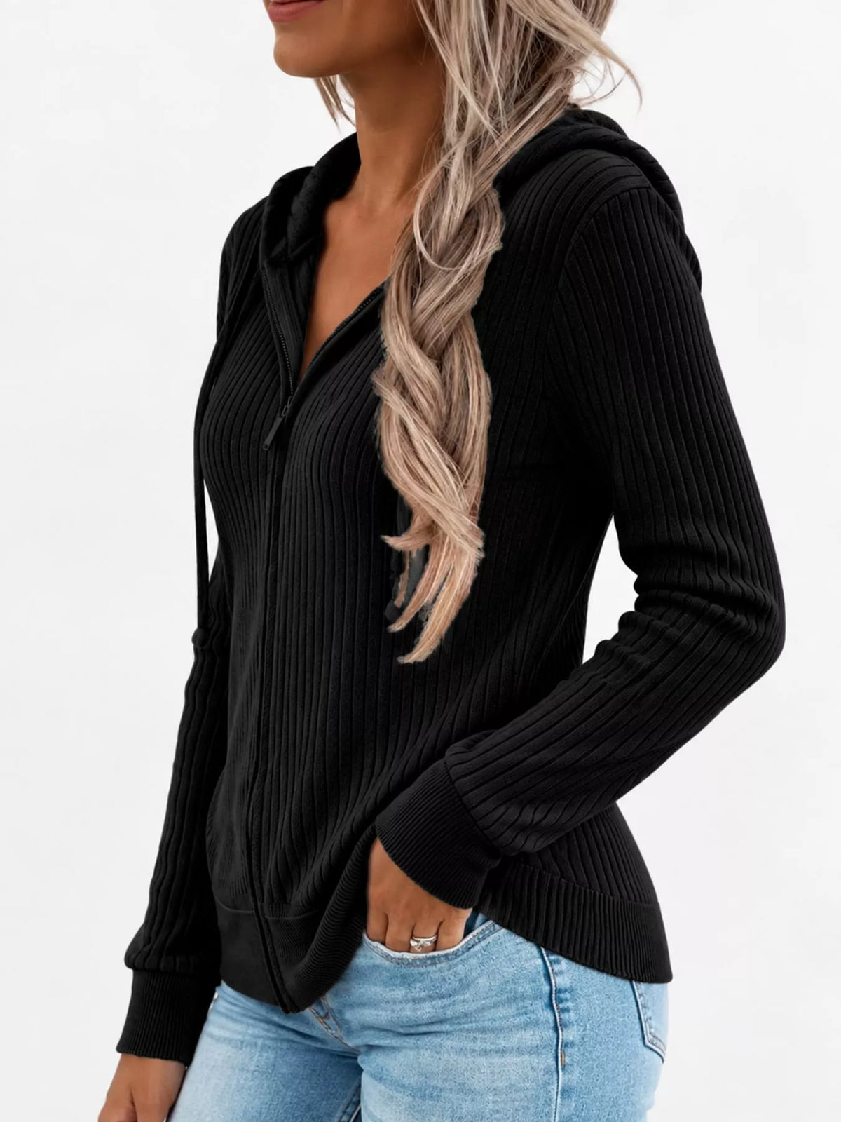 Front or angled view of the black ribbed zip-front hooded cardigan with long sleeves.