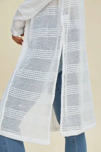 White Double Take openwork longline cardigan — knit and side-slit detail