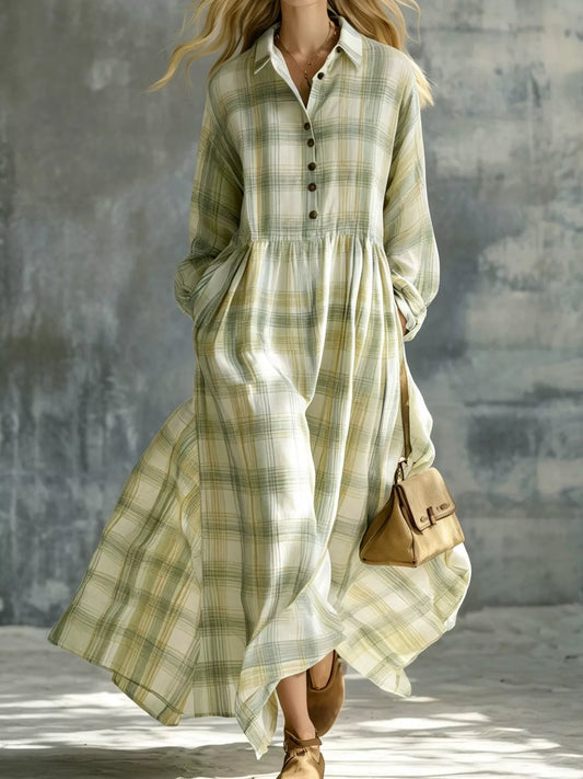 Green plaid long-sleeve maxi shirt dress, full front view; bag and footwear are styling props
