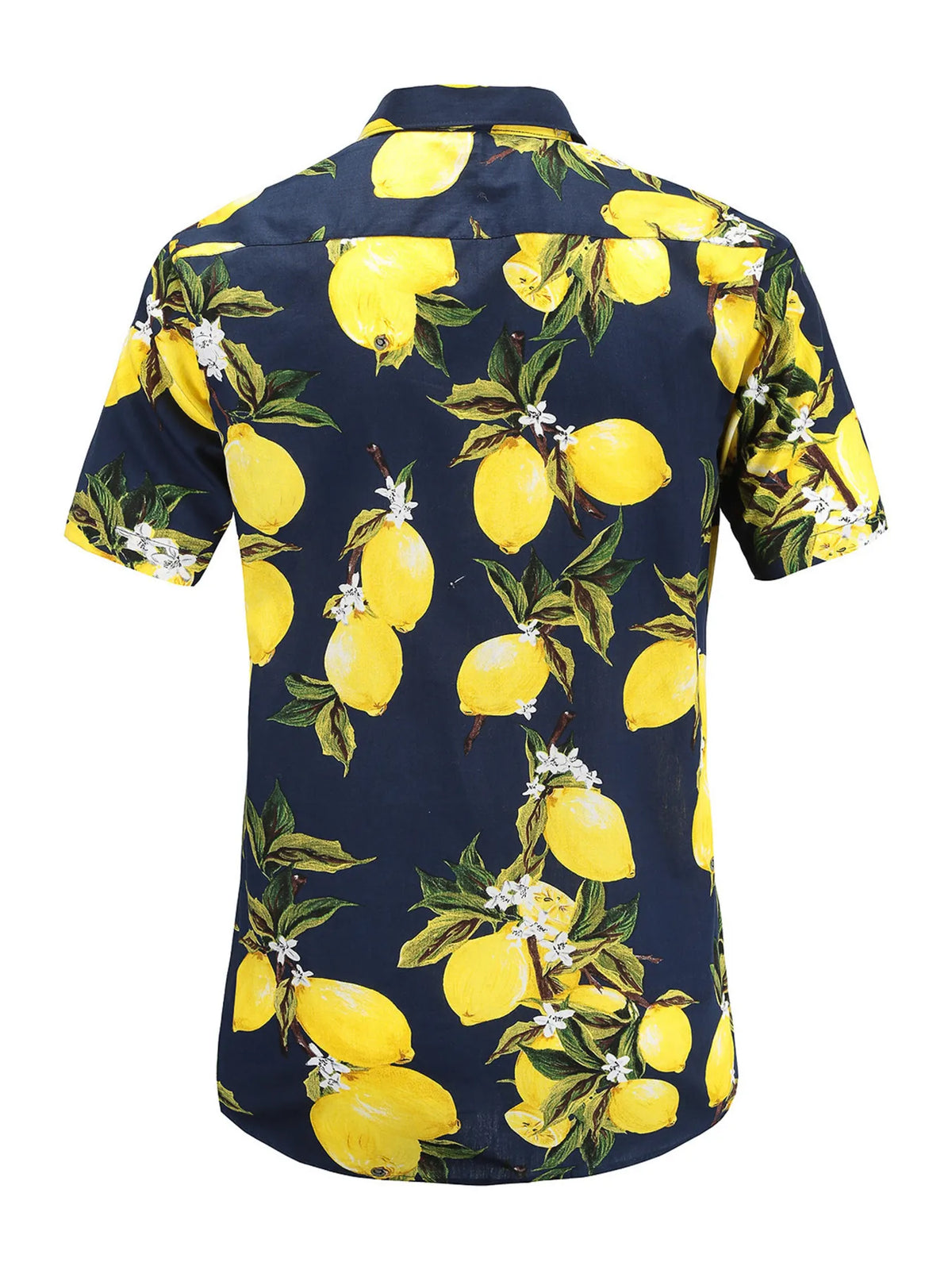Lemon-print short-sleeve shirt in Canary Yellow on a dark background, back view.