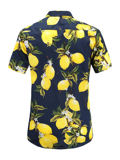 Lemon-print short-sleeve shirt in Canary Yellow on a dark background, back view.