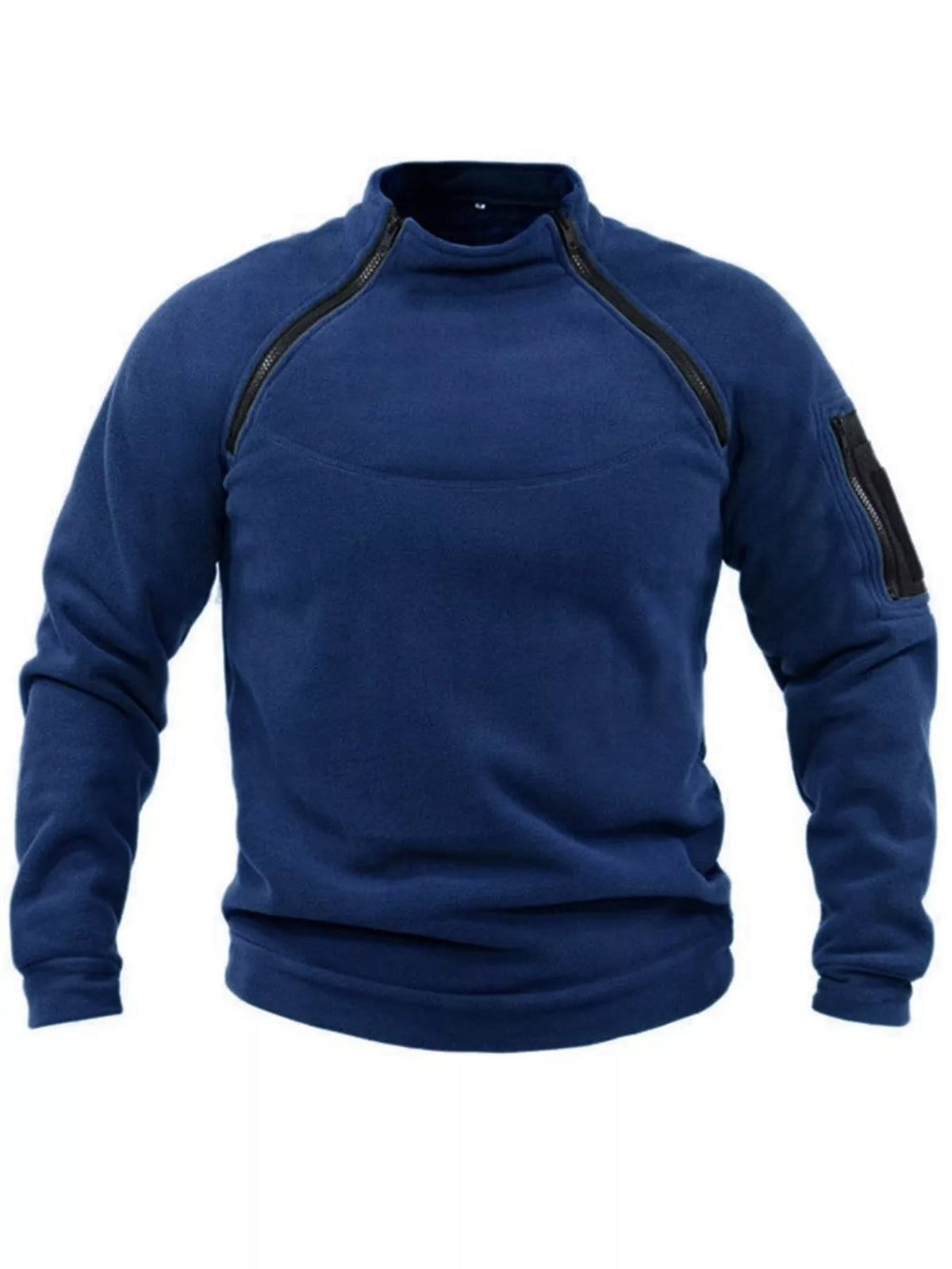 Front view of the Navy fleece sweatshirt with a stand collar and sleeve pocket.