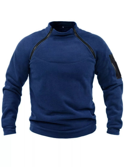 Front view of the Navy fleece sweatshirt with a stand collar and sleeve pocket.